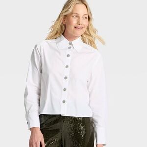 A New Day Women's Long Sleeve Embellished Button-Down Shirt White M